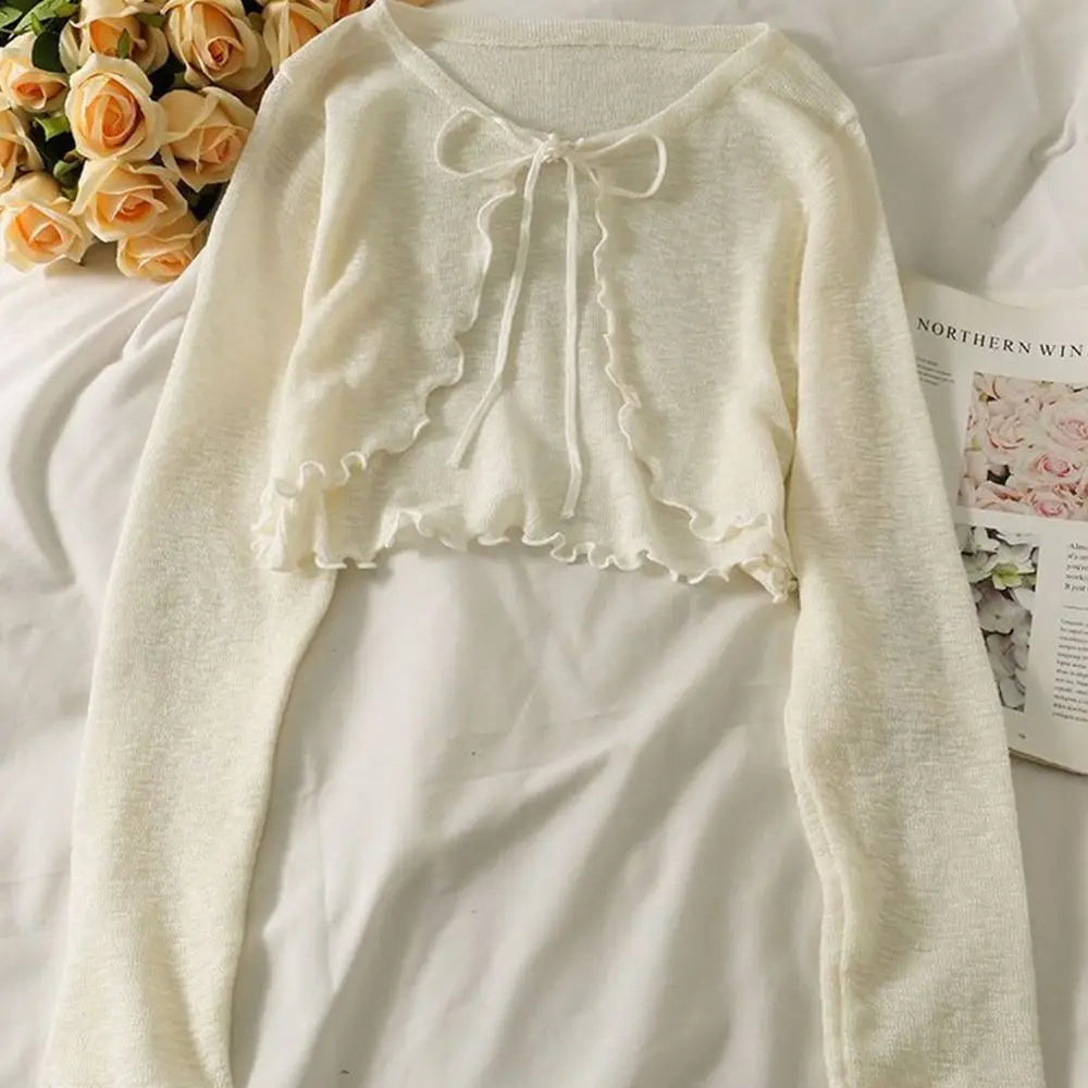 Thin Sunscreen Cardigan Ruffle Design Long Sleeve Sun Protected Polyester Sunscreen Clothing Short Coat Casual Women Quake Beige