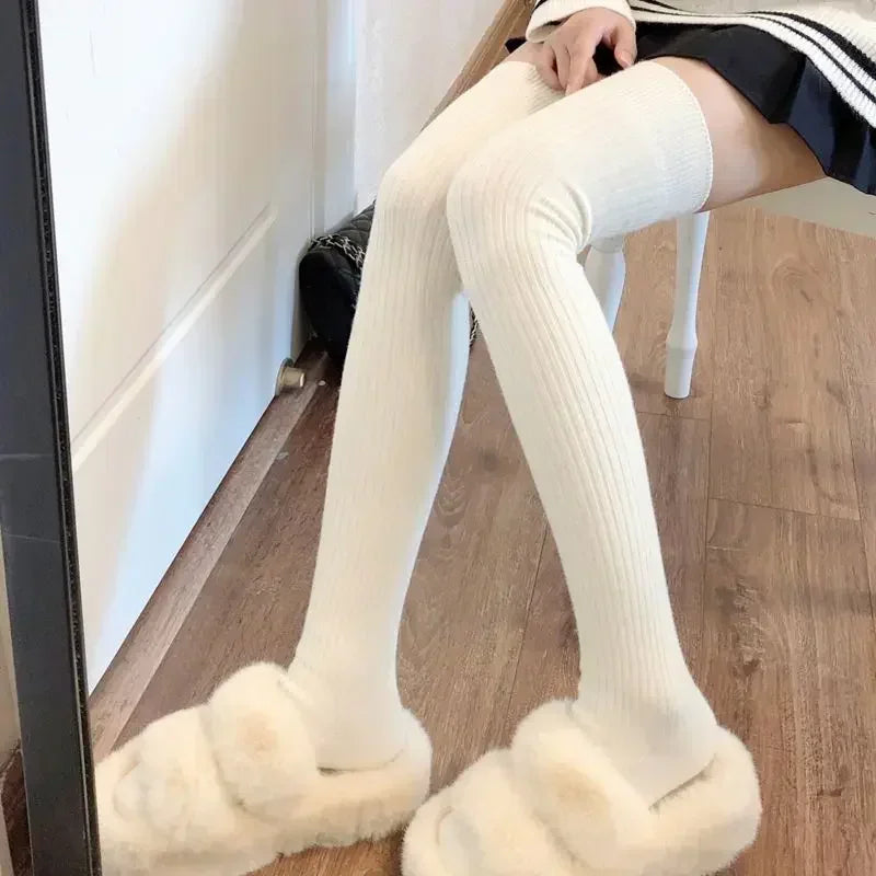 Spring Fall Knee High Stockings for Women White Vertical Stripe Long Socks Fashion Girls JK Skinny Boots Sock Japanese Style Quake WHITE One Size