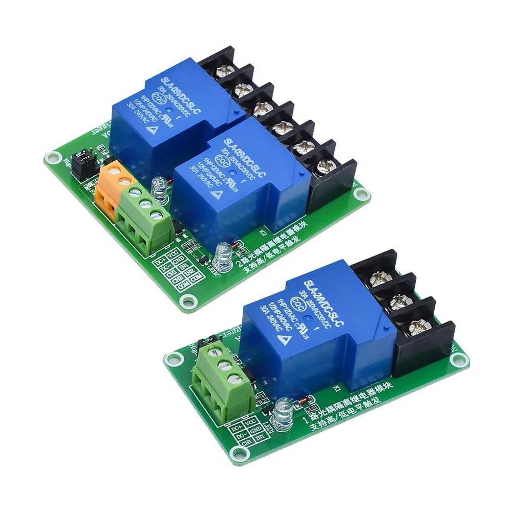 1 2 Channel Relay Module ONE TWO Channels 30A with Optocoupler Isolation 5V 12V 24V Supports High and Low Triger Trigger Quake