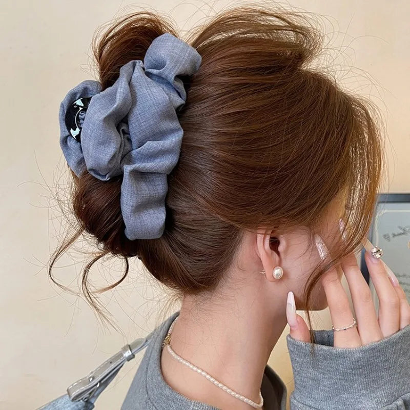 Korean Wrinkled Clouds Shark Clip Denim Cloth Ponytail Hairpin Female Elegant Temperament Fashion Female Hair Claw Accessories Quake