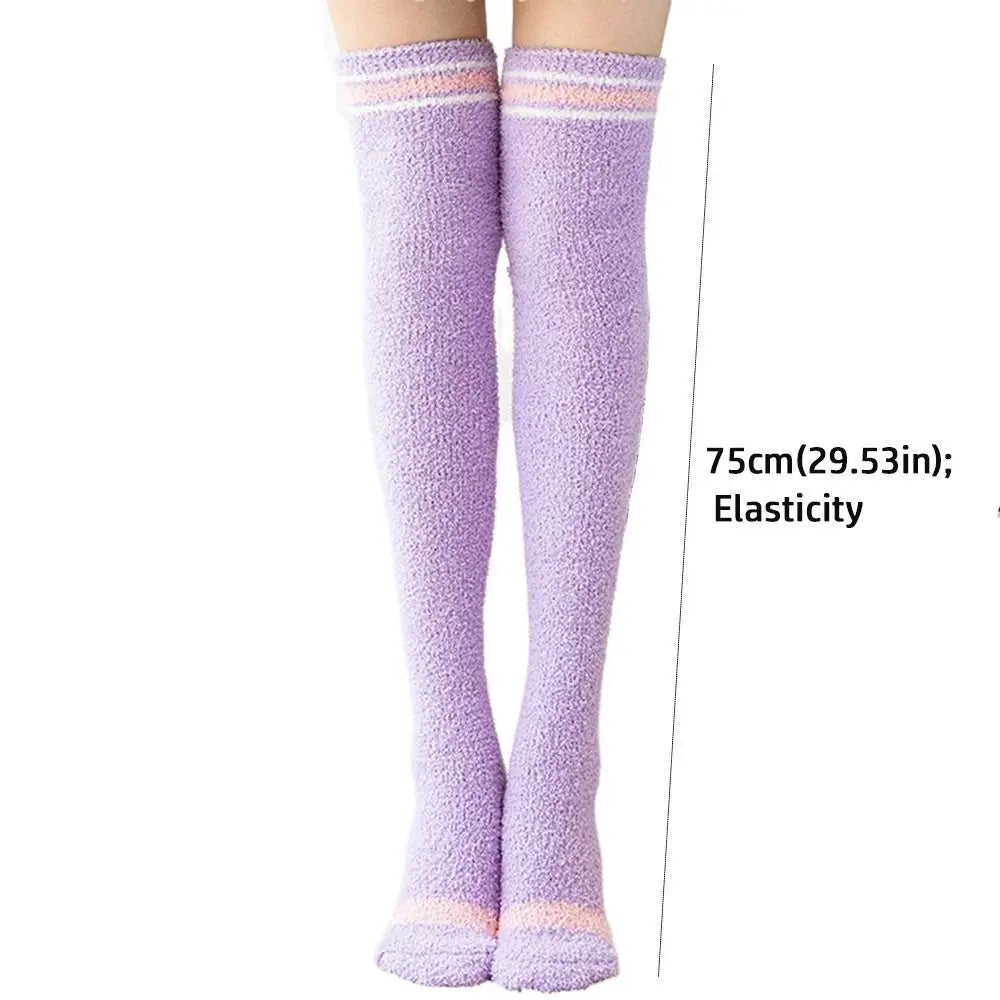 Soft Warm Striped Stockings Long Tube Comfortable Over Knee Socks Coral Velvet Cozy Lined Terry Socks Winter Quake