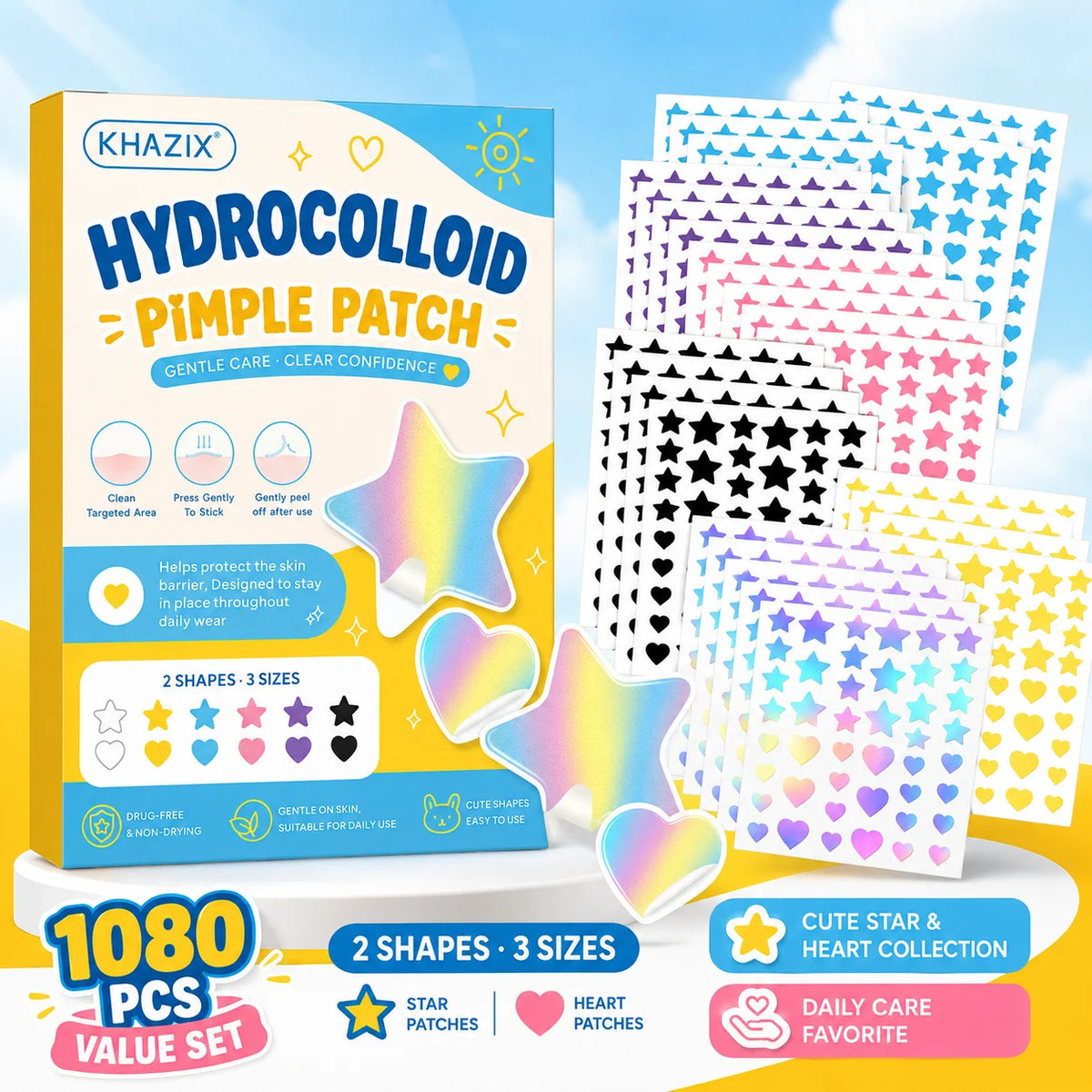 216/1080pcs Star Pimple Patches For Face Hydrocolloid, Absorbing Cover, Tea Tree, Hydrocolloid Acne Patch, Cute Star Pimple Quake