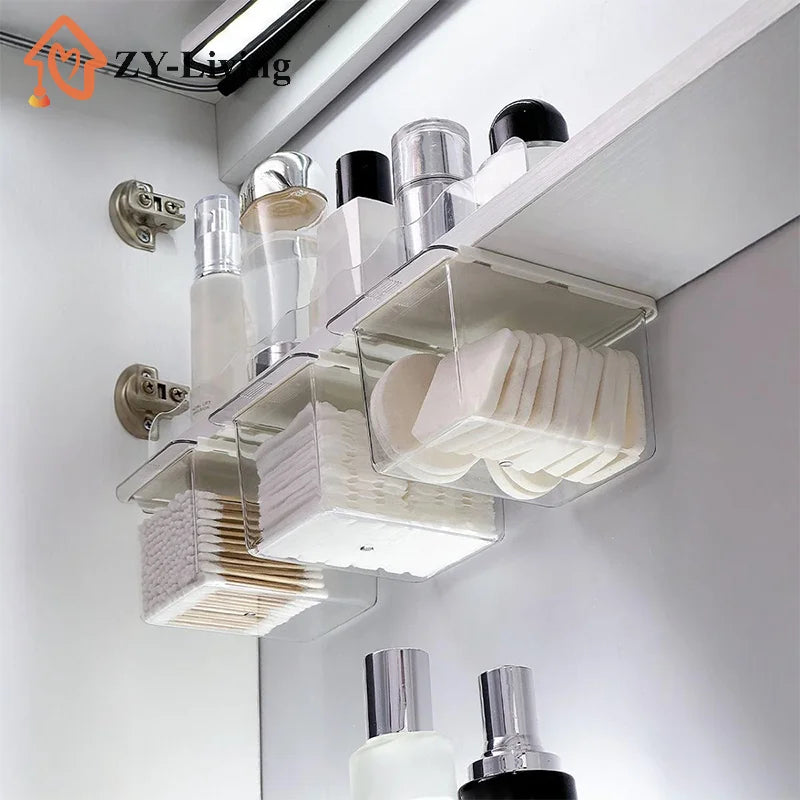 1Pcs Drawer Style Storage Box Under The Mirror Cabinet Transparent Bathroom Cotton Stick Makeup Cotton Pull-Out Storage Case Quake