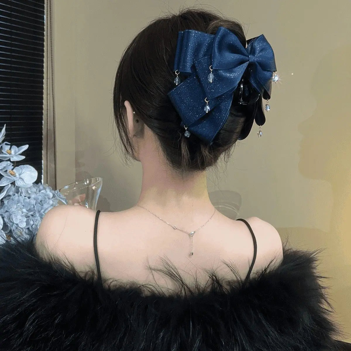 Elegant Sparkling Bow Hair Claw with Dangling Crystal Charms for Women Stylish Hair Accessory for Evening Parties and Daily Look Quake blue