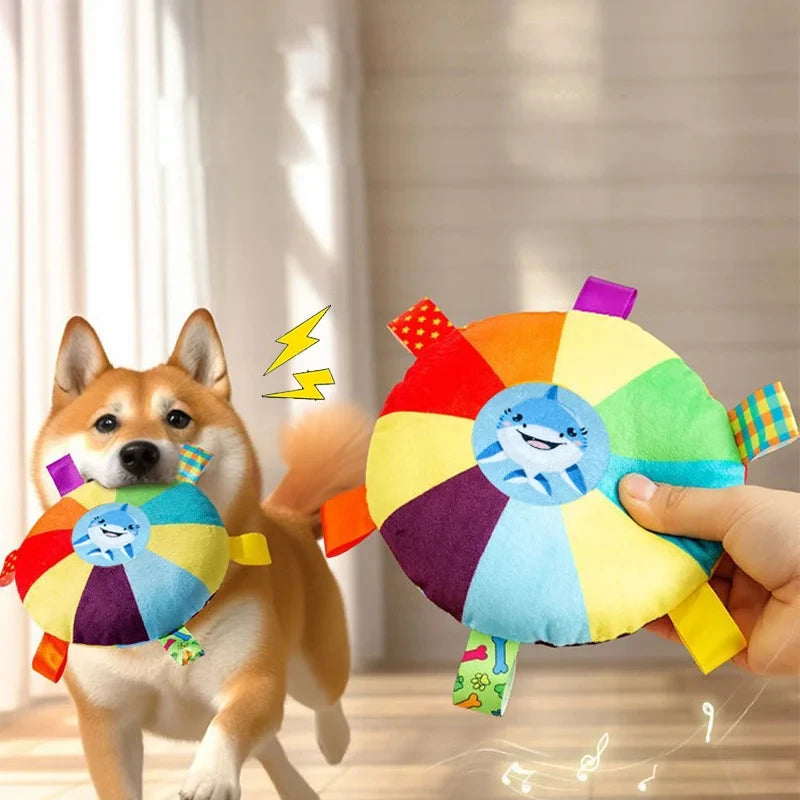 Funny Rainbow Plush Flying Saucer Dog Toys Outdoor Interactive Training Games Chew Toy Pets Flying Discs Toys with Bells Quake