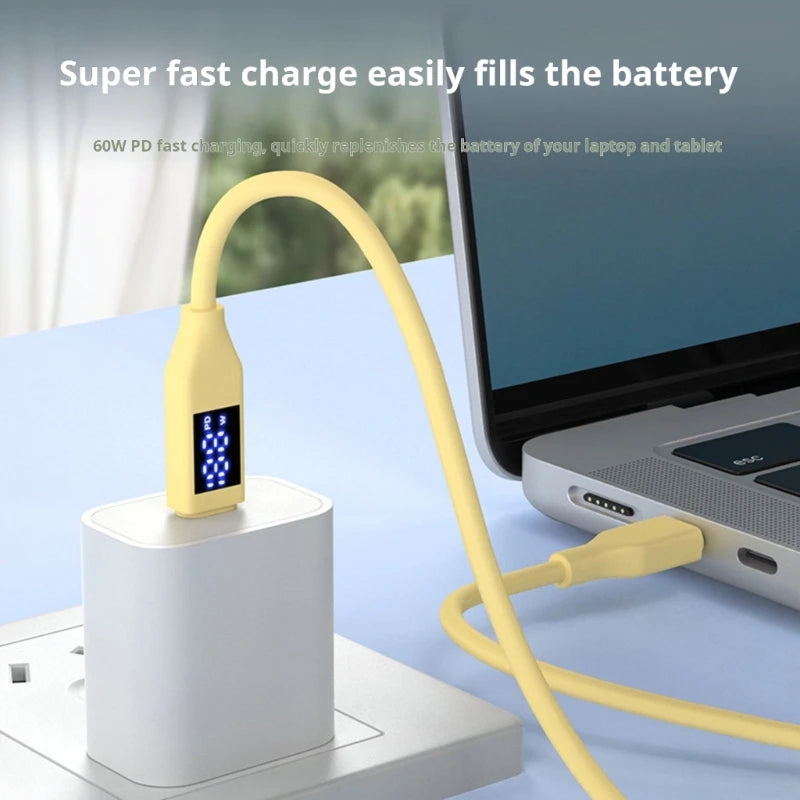 Double Type C Fast Charging Cable With LED Display 60W Power Delivery USB 2.0 Data Transfer Silicone Cord For Phones K1KF Quake