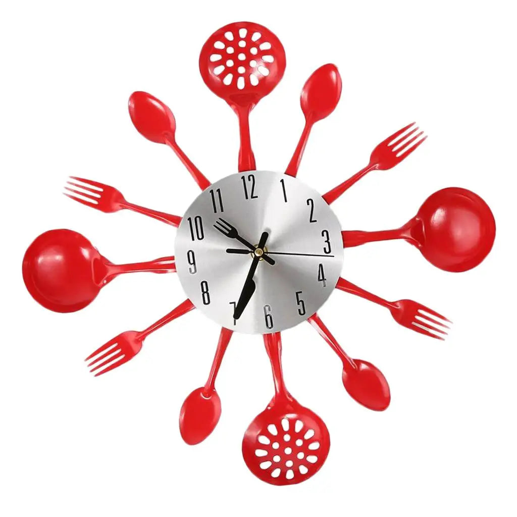 Kitchen Utensil Wall Clock Cutlery Spoon Fork Home Decor Metal Quake Red
