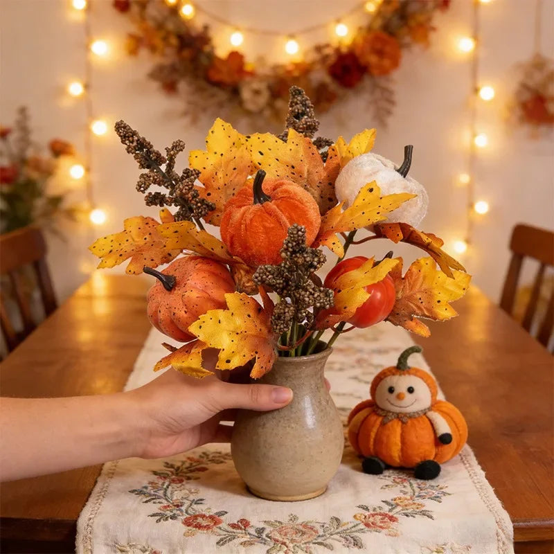 1PC Artificial Pumpkin Maple Leaf Bouquet Halloween Scene Arrangement Ornament for Thanksgiving Harvest Festival Decor Quake