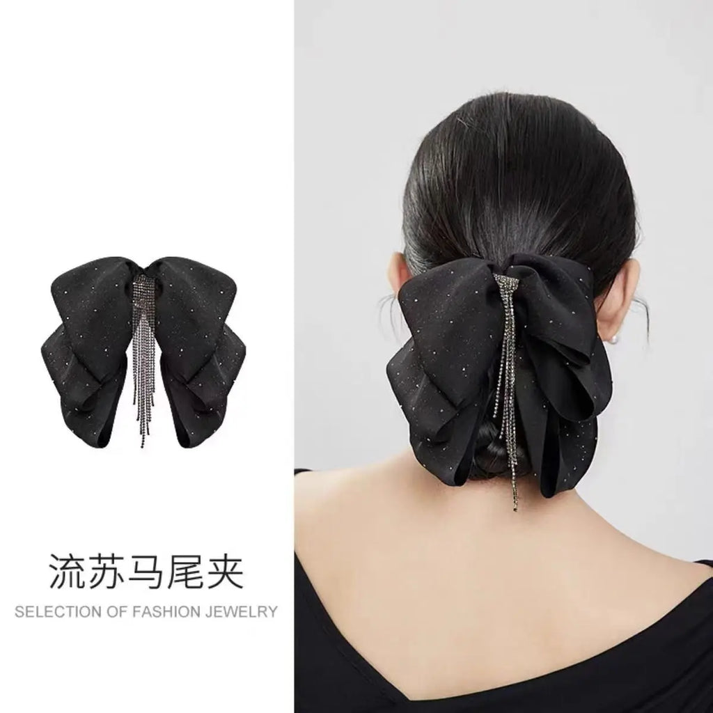 Bow Grab Clip Tassel Satin Premium Starry Sky Ponytail Hair Grab Back of Head Retro Rhinestone Hairpin Female Quake