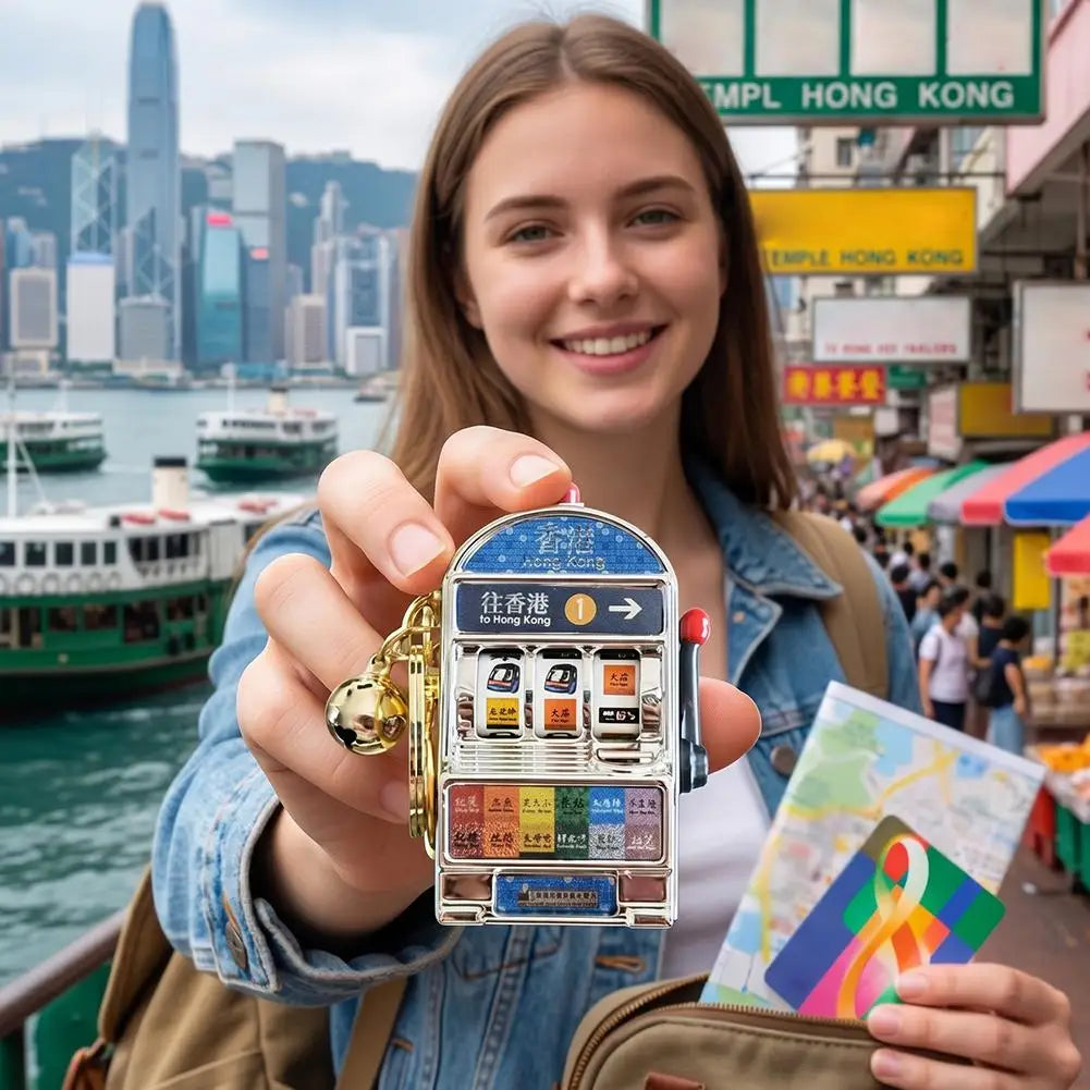 Creative HK Tiger Fridge Magnet Keychain Slot Machine Style Souvenir Key Ring Interactive Pull Lever Spin Light Sound Gift Quake