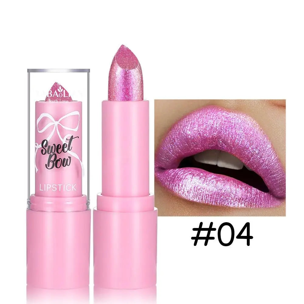 Metallic Pink Glitter Lipstick Long Lasting High Shine Diamond Nude Shimmer High Impact Full Coverage Sexy Lip Makeup for Women Quake 04
