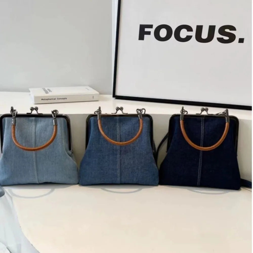 New Vintage Style Women Handbag Versatile PU Leather Designer Shoulder Bag Lady‘s Denim Purses Blue Black Brown Crossbody Bags Quake