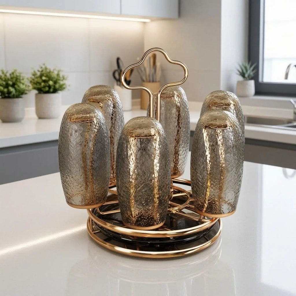 Cup Drying Rack with Moisture-Collecting Tray Rotatable Rotating Cup Drying Rack Rose Gold Finish Countertop for Pantry Quake