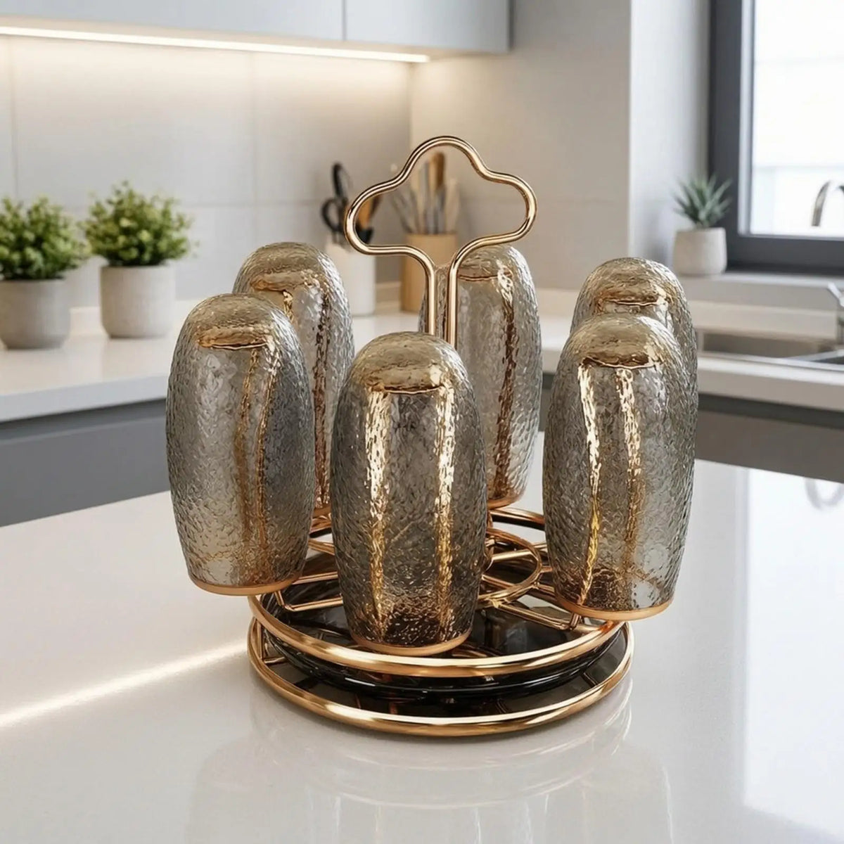 Cup Drying Rack with Moisture-Collecting Tray Rotatable Rotating Cup Drying Rack Rose Gold Finish Countertop for Pantry Quake