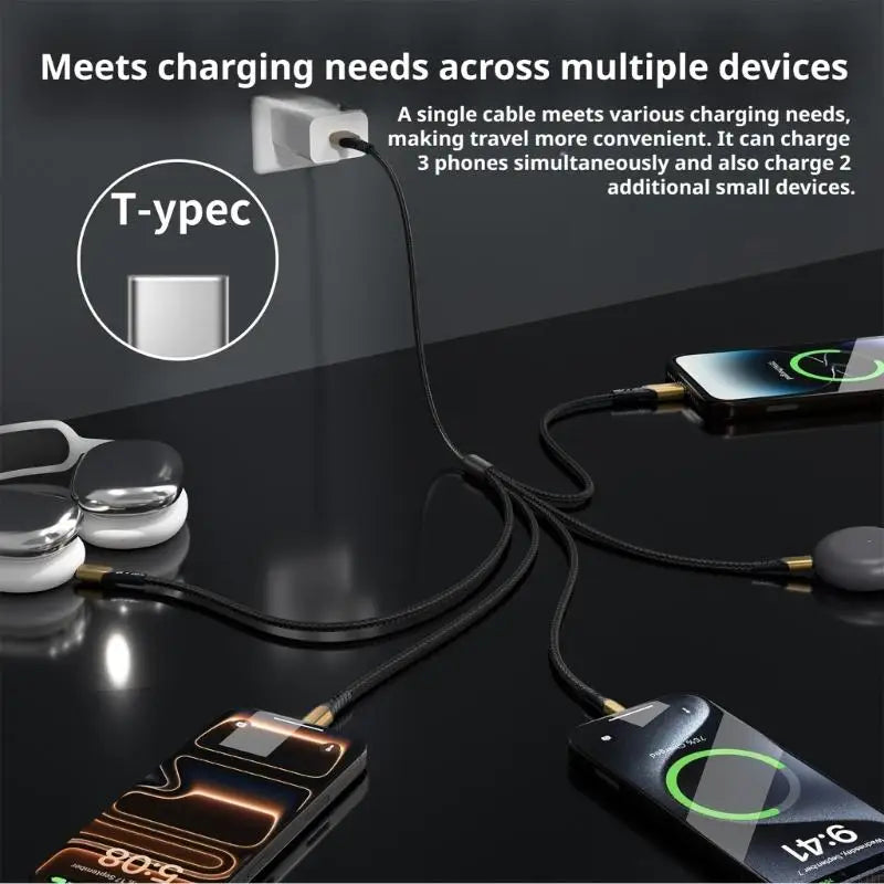 5-Output USB Type C Charging Cable for Simultaneous Device Charging with Interlaced Outer Cover and Reinforced Ends K1KF Quake