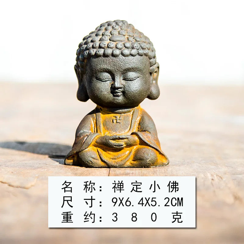 Chinese Zen Style Small Buddha Desktop Home Living Room Small Ornament Tea Pet Vintage Craft Decoration Display Quake Buddha natural Rust 2
