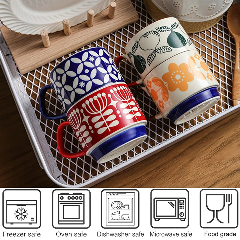 4pcs Set Ceramic Ear Hanging Coffee Mug Underglaze Colored Breakfast Milk Oatmeal Cup Japanese Retro Style Lovers Mug Stackable Quake