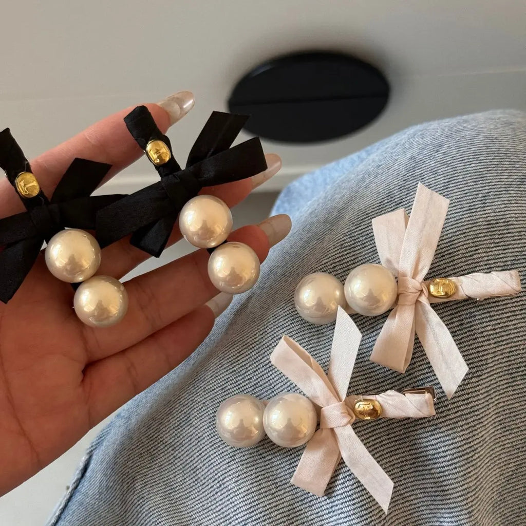 Japanese Exquisite Pearl Bow Bangs Side Clip Women Girl Sweet Duckbill Clip Versatile Temperament Hairpin Hair Style Accessories Quake