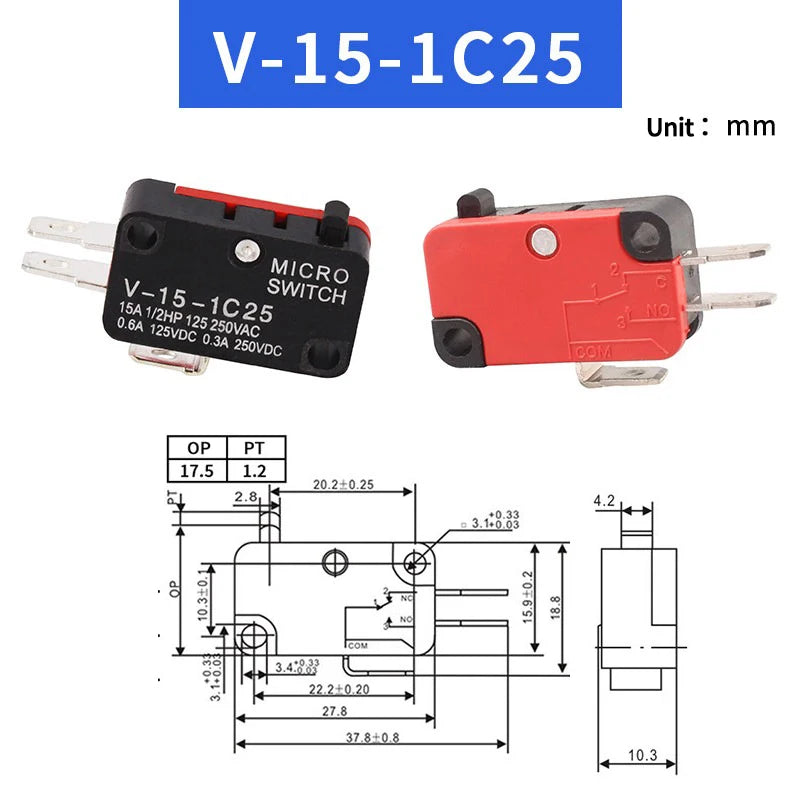 Small Travel Limit Switch V-152/156-1C25 Self-resetting 3-pin Miniature Push Button Tactile Microswitch Quake V-15-1C25 1PCS