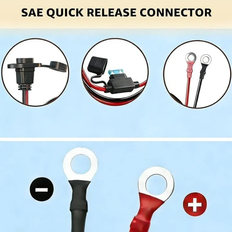 12AWG Heavy‑Duty SAE Sidewall Port with Fuse/Dust Cap Quick Disconnect Cord to O‑Ring Terminal for Motorcycle Battery Charging Quake
