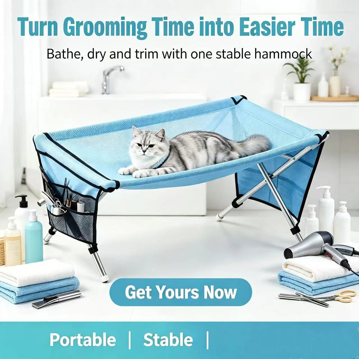 Multi-Function Pet Grooming Hammock, Foldable Pet Bathing and Drying Station with Stable Frame, Breathable Mesh Rest Holder for Quake