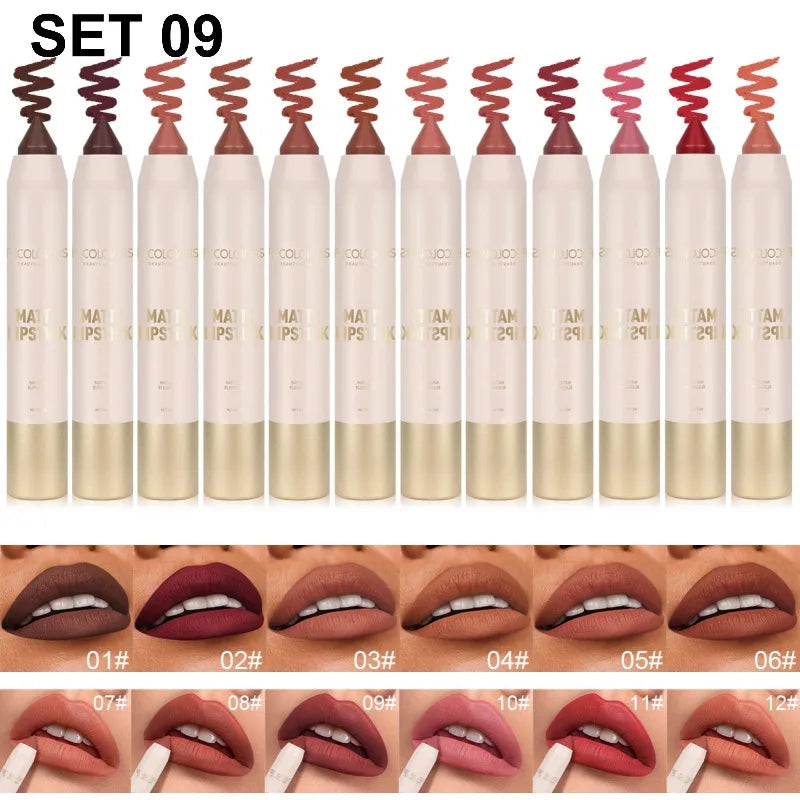 12PCS Matte Lipstick Pen, Multi-color Lipliner Set, Depicting Lip Contour, Waterproof and Durable, Lip Cosmetics Quake SET 09