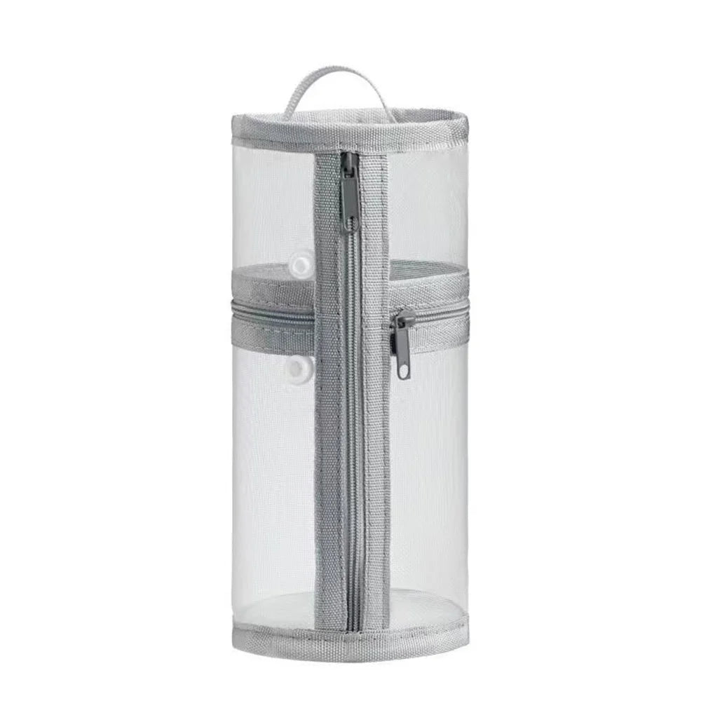 Mesh Dual-use Makeup Brush Storage Bag Portable Brush Case Simple Large Capacity Brush Bucket Holder Travel Stand-up Pouch Quake Gray
