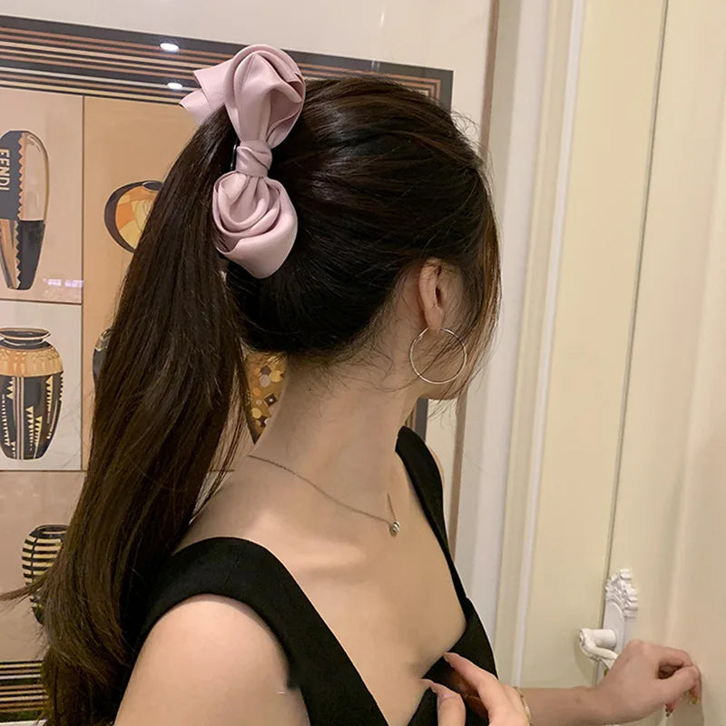 Korean Double-sided Pink Satin Bow Banana Clip Ballet Style Back Head Ponytail Women Girls Hair Styling Vertical Clip Headband Quake
