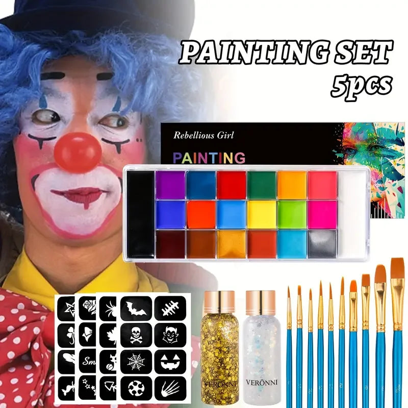 20 Colors Face Body Paint Palette Oil Makeup Set SFX Body Art Halloween Party Painting with 10 pcs brushes,Tattoo Stencil kit Quake