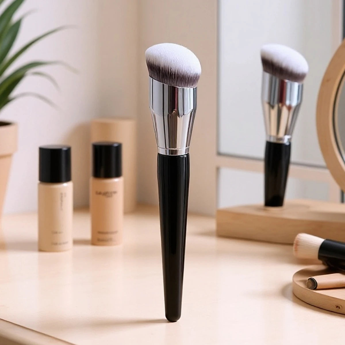 Profession Foundation Brush, Round Oblique Head, Soft Bristles Kabuki Brush for Contouring, Dense Bristles Quake