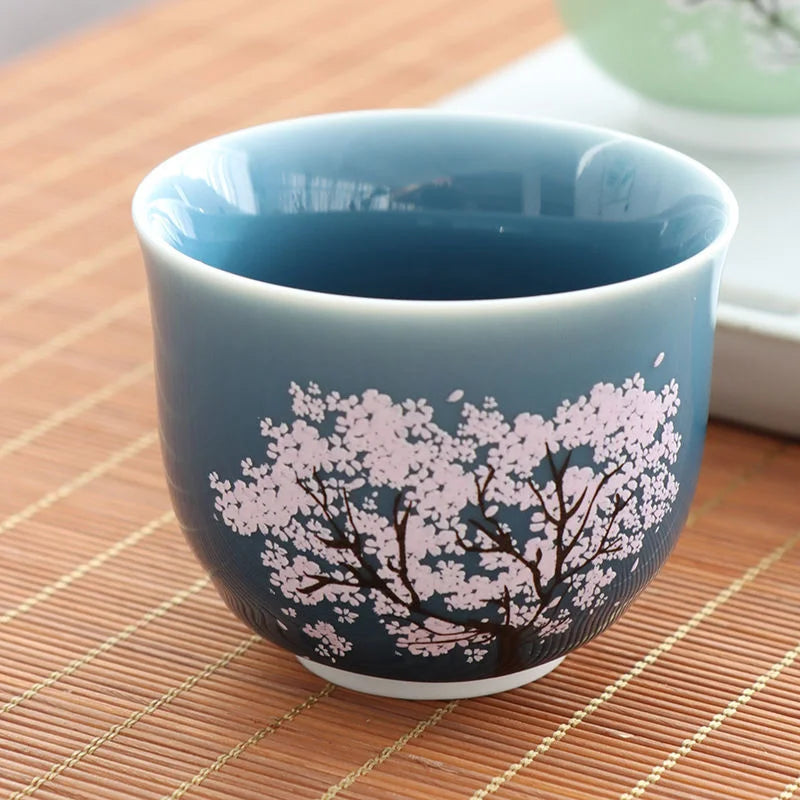 Thermochromic Cup Sakura Tea Cup Ceramic Kung Fu Tea Cupjapanese Style Kiln Tea Cup Master Cup Tea Cup Changing Color Tea Cup Quake Blue a