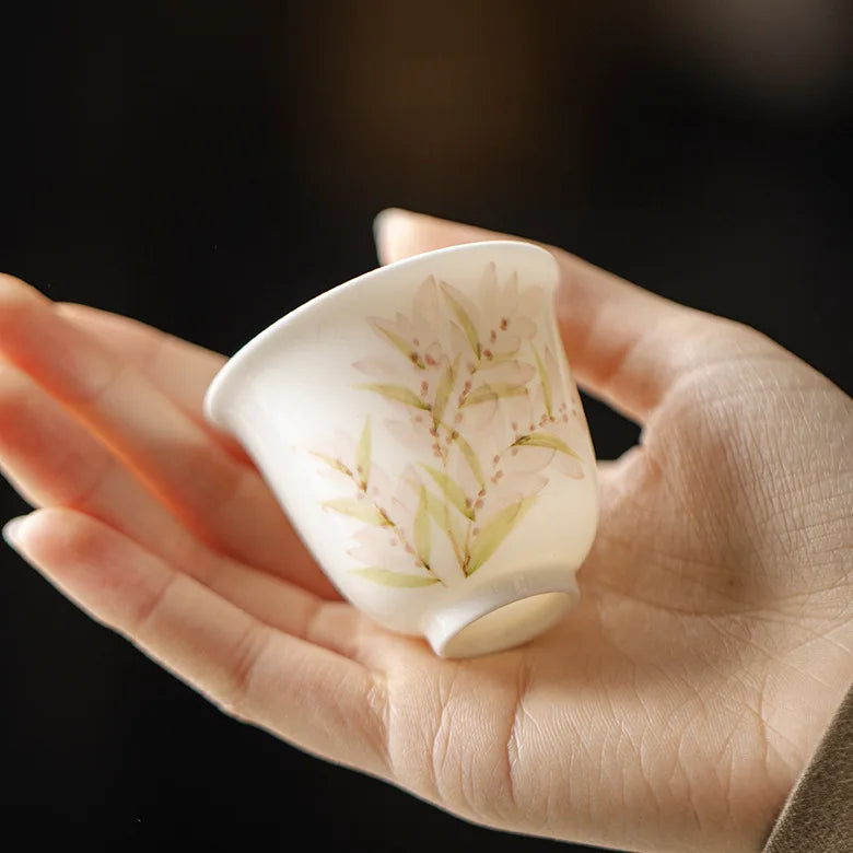 White Porcelain Hand-painted Wisteria Flower Tea Cup Ceramic Tea Cup, Thin-walled Kung Fu TeacupЧайная чашка Quake