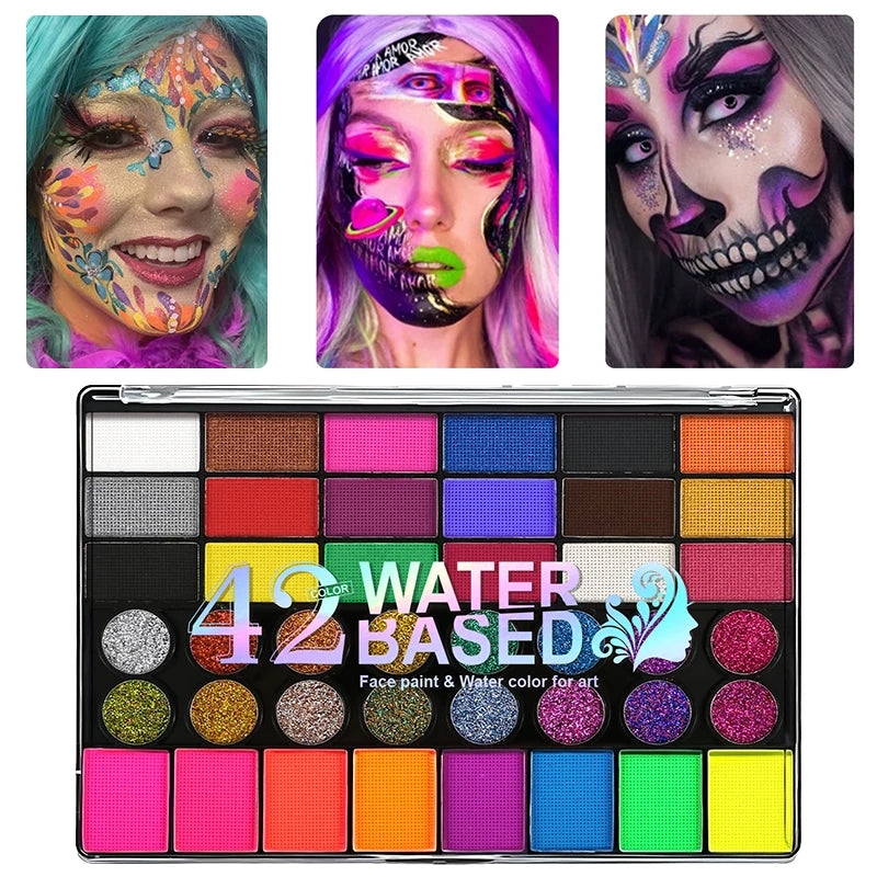42 Colors Water Soluble Face Body Painting Set UV Neon Glitter Face Paint Art Halloween and Christmas Party Body Paint Makeup Quake