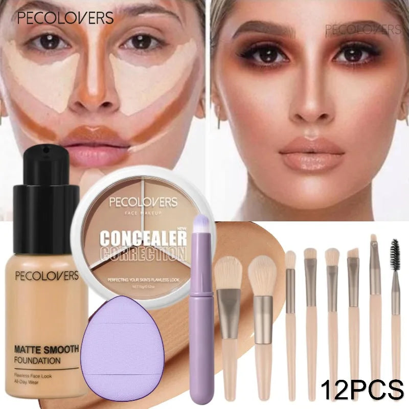 12PCS Face Set, Liquid Foundation+concealer+multiple Makeup Tools, Uniform Makeup, Waterproof and Durable, Facial Cosmetics Quake