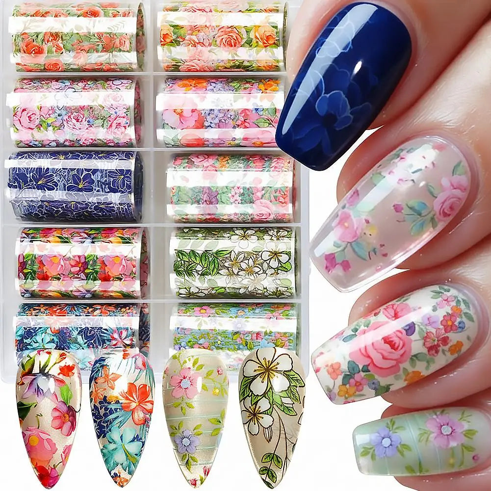 10 Rolls Flower Nail Foil Nails Art Design Stickers Decals Holographic Foils Paper Starry Sky Star Transfer Foil Nail Decoration Quake