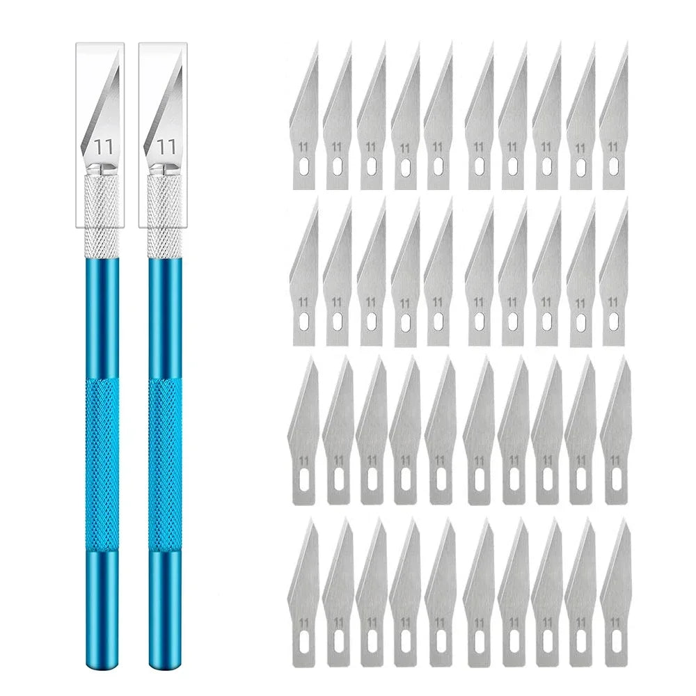 Repair Hand Tools Non-Slip Engraving Metal Knife Kit + 40/10pcs #11 Blades Cutter Craft Knives for Mobile Phone PCB Quake Blue