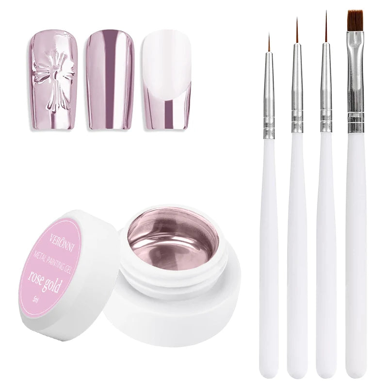 5ml Metallic Painting Gel Polish Strong Gold Silver Rose Gold Nail Art Soak Off Gel Nail Polish Silver Mirror Gel Nail Varnish Quake Rose Goldwith brush