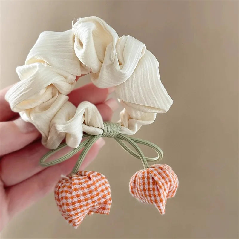 Cream White Pink Tulip Flower Hair Scunchies Satin Bow Hairbands Sweet Cute Ponytail Holder Hair Ropes Hair Styling Accessories Quake