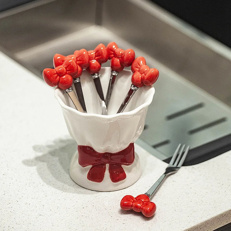 Fruit Fork Household Stainless Steel Dessert Small Fork Dining Table Desktop Storage Set Quake