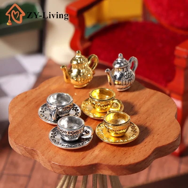 1Set 1:12 Dollhouse Miniature Metal Teapot Cup With Saucer Mini Tea Set Kitchen Tableware Decor Toy Model Doll House Accessories Quake