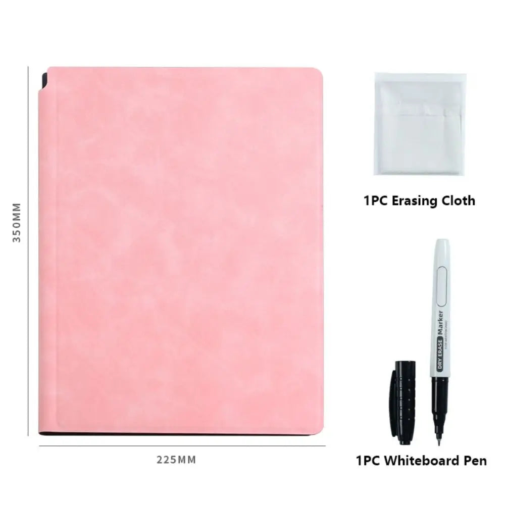 Reusable A4 Whiteboard Notebook With Whiteboard Pen Leather Erasable Whiteboard Draft With Erasing Cloth Stationery Quake Pink