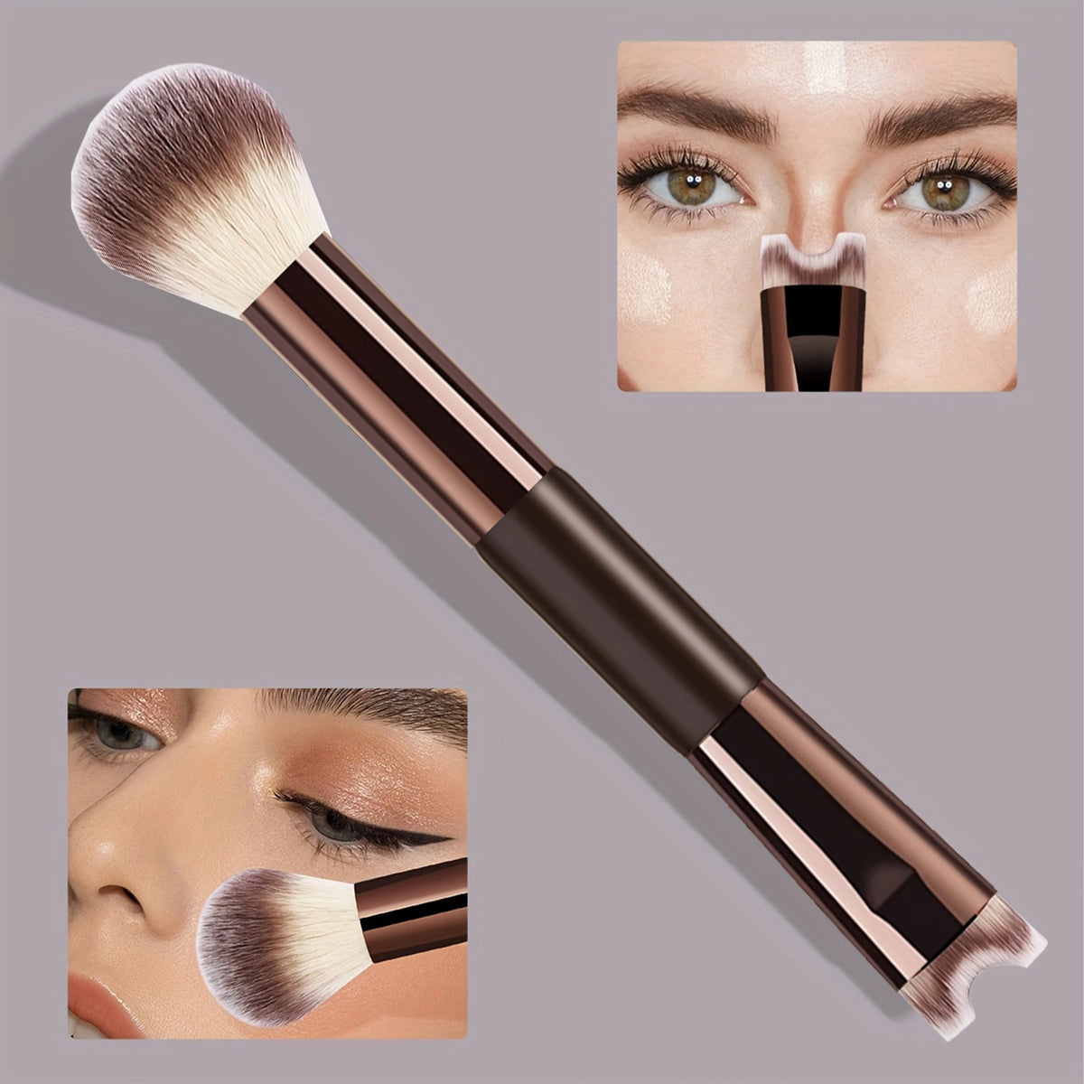 4 PCS Double-Ended Makeup Brush Set for Foundation, Powder, Eyeshadow, Blush , Nose Shadow, Eyeliner Brush, Eyelash Curler Quake