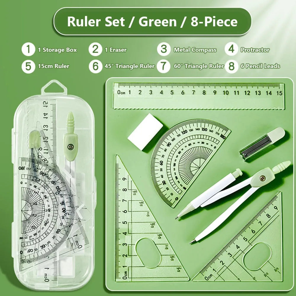 8PCS/Set High Quality Plastic Ruler Compasses Set Eraser Transparent Protractor Set Square Straight Ruler Drawing Tool Students Quake Green 8PCS B