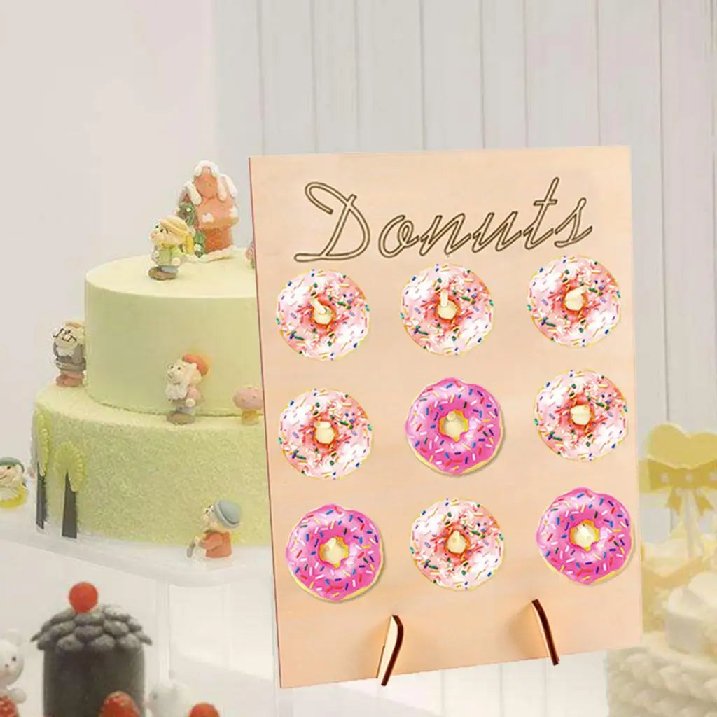 Doughnut Sweet Cart Treat Stand Wooden Donut Plank Rack with 9 Pegs Dessert Board Cake Stand Decoration for Bridal Shower Quake