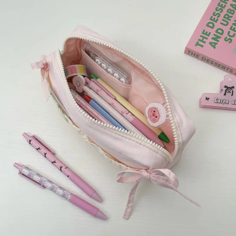Small Fresh Cloud Toast Bow High Beauty Student Pen Case Multi Functional Large Capacity Storage Bag Quake