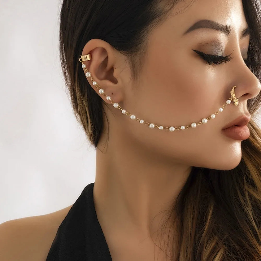 New Fashion Piercing Jewelry Women Temperament Earrings Sweet Personality Imitation Pearl Butterfly Tassel Chain Quake 1