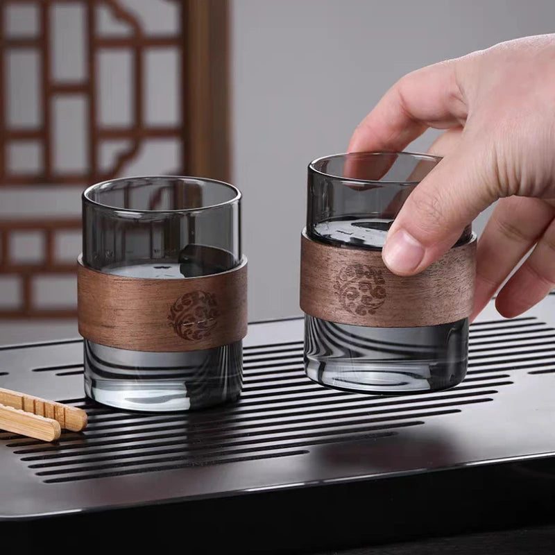 Thickened Glass Tea Cup with Wooden Ring Heat-resistant and Heat-resistant Water Cup Master Cup Household Glass Cup Coffee Cup Quake
