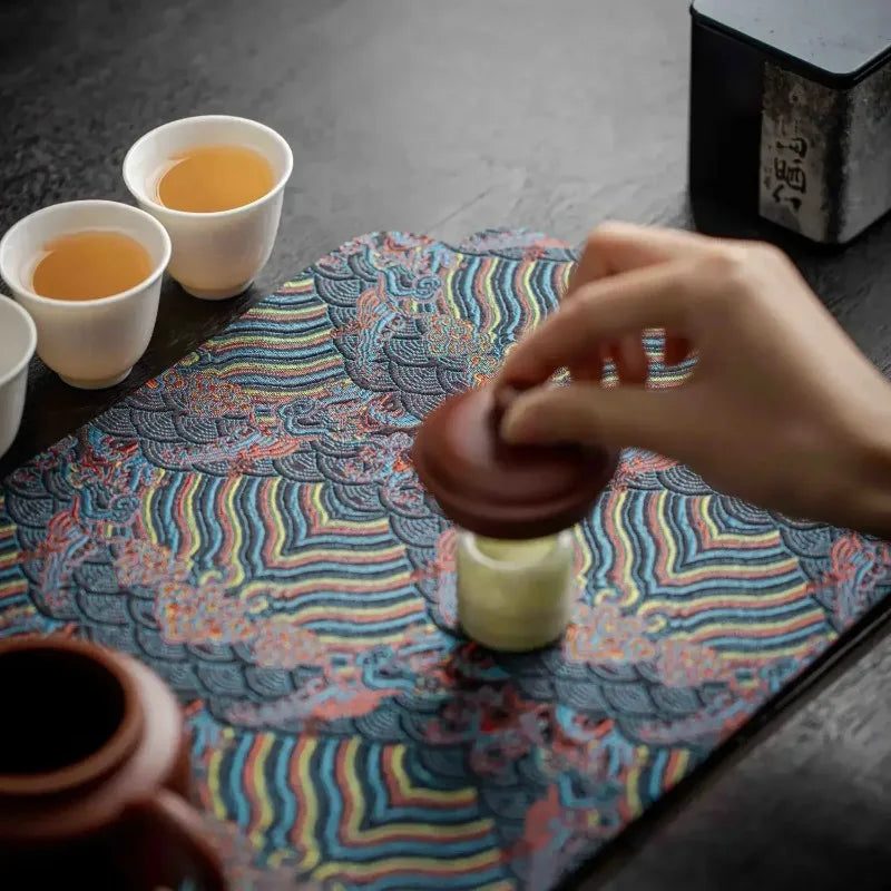 1pc Double Sided Brocade Tea Mat Chinese Zen Style Non Slip Dry Retro Dining Table Decoration Traditional Coaster Quake