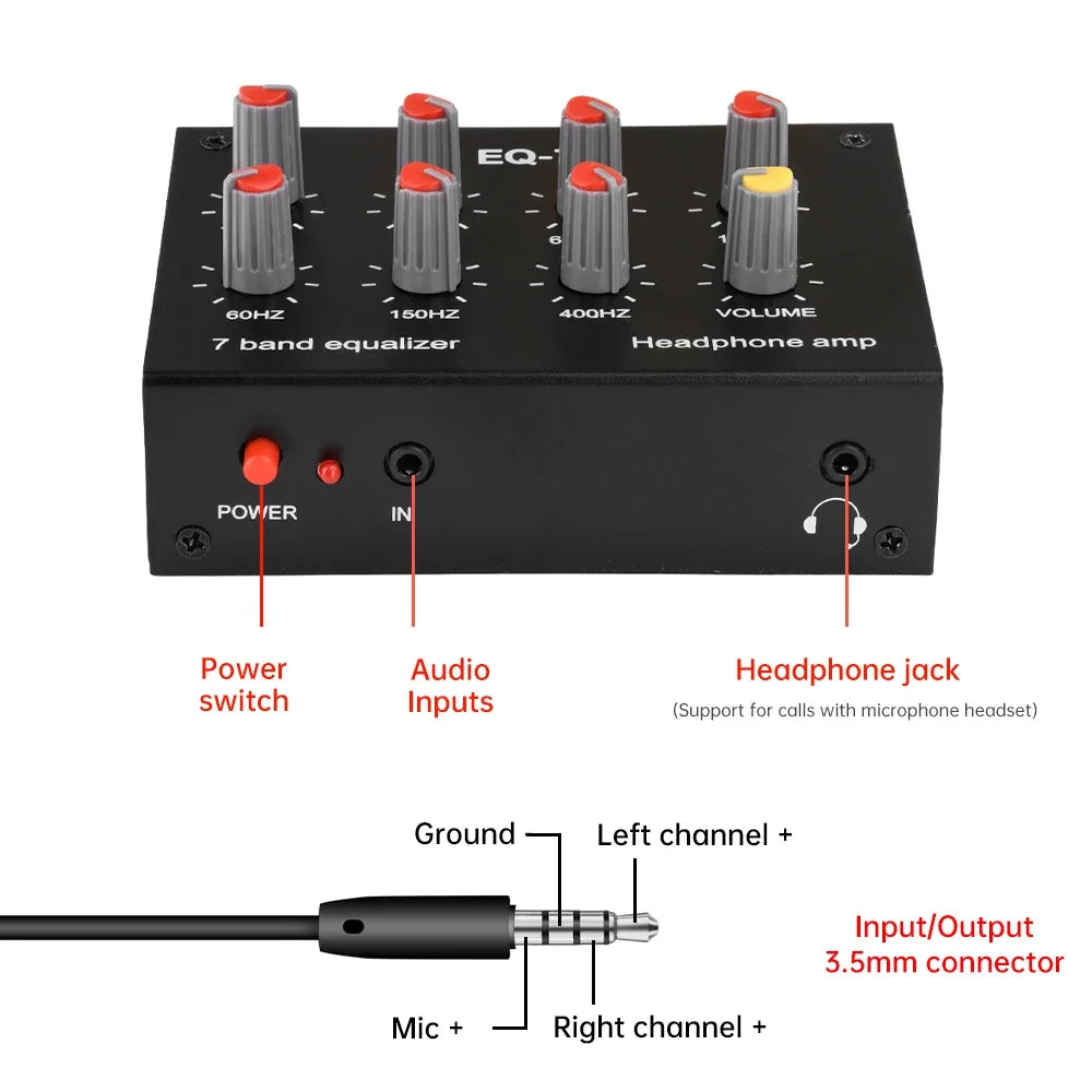 DC5V-12V Audio EQ-7 Audio Signal Preamplifier 7 Band Equalizer Adjust High School Bass Sound Phone Computer Headphone Amplifier Quake