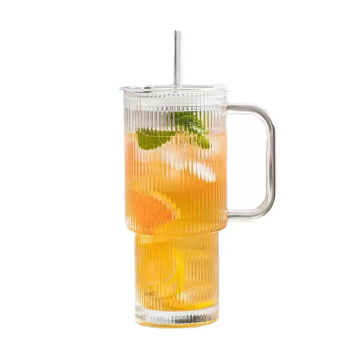 YWDL 760ML Ribbed Glass Tumbler with Handle And Lid Large Iced Coffee Cup with Straws for Cold And Hot Beverages 1/2 Set Quake 1PCS 760ml